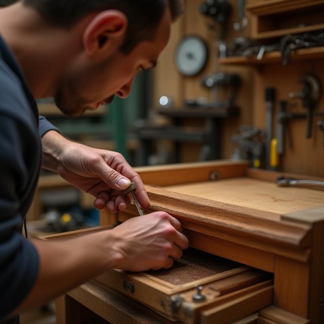Craftsman restoring a cherry wood cabinet